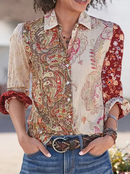 Chemises Femmes Décontracté Printemps / Automne anacardier Fleurs Polyester Aucune élasticité Quotidien Manches Longues Régulier Col de Chemise
