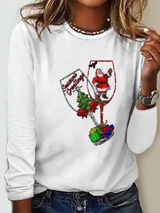 T-shirts Décontracté Printemps / Automne Verre à Vin de Noël Micro-élasticité Quotidien Ample Jersey Noël Col Rond pour Femmes