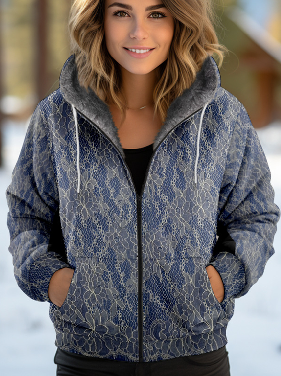 Sweat-shirt à Capuche Manches Longues Épaissi Floral Blouson pour Femmes