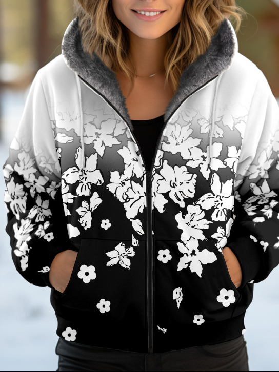Sweat-shirt à Capuche Manches Longues Épaissi Floral Blouson pour Femmes