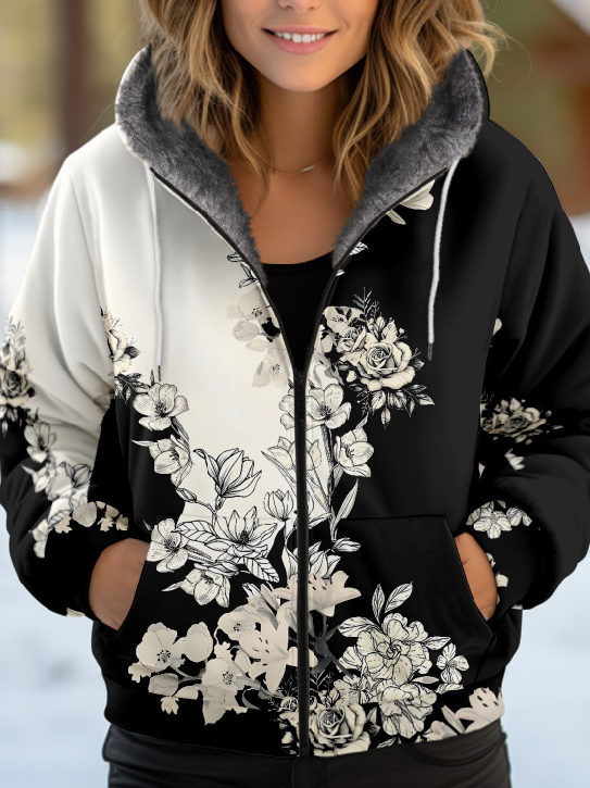 Sweat-shirt à Capuche Manches Longues Épaissi Floral Blouson pour Femmes