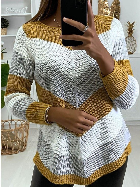 Pulls Femmes Géométrique Décontracté Printemps / Automne Col V Micro-élasticité Ample Manches Longues Fil/fil de laine Droit