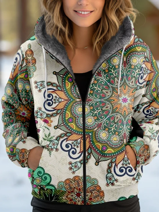 Sweat-shirt à Capuche Manches Longues Épaissi Floral Blouson pour Femmes