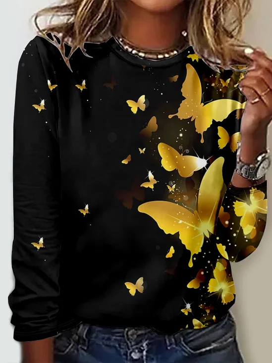 T-shirts Décontracté Printemps / Automne Papillon Micro-élasticité Jersey Manches Longues Col Rond Régulier Droit pour Femmes