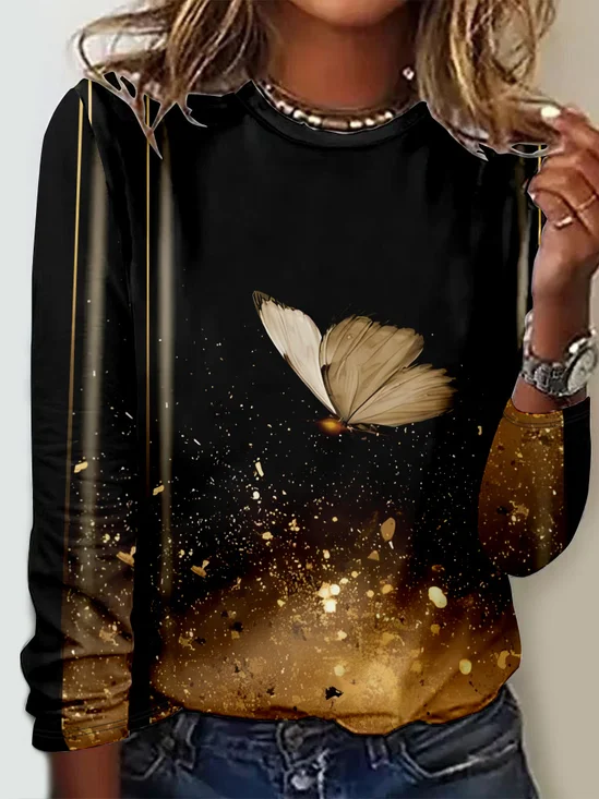 T-shirts Décontracté Printemps / Automne Papillon Micro-élasticité Quotidien Col Rond Régulier Droit Régulier pour Femmes