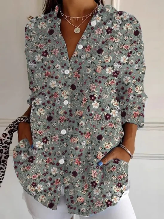 Chemises Femmes Décontracté Floral Printemps / Automne Polyester Ample Manches Longues Droit Régulier Col de Chemise
