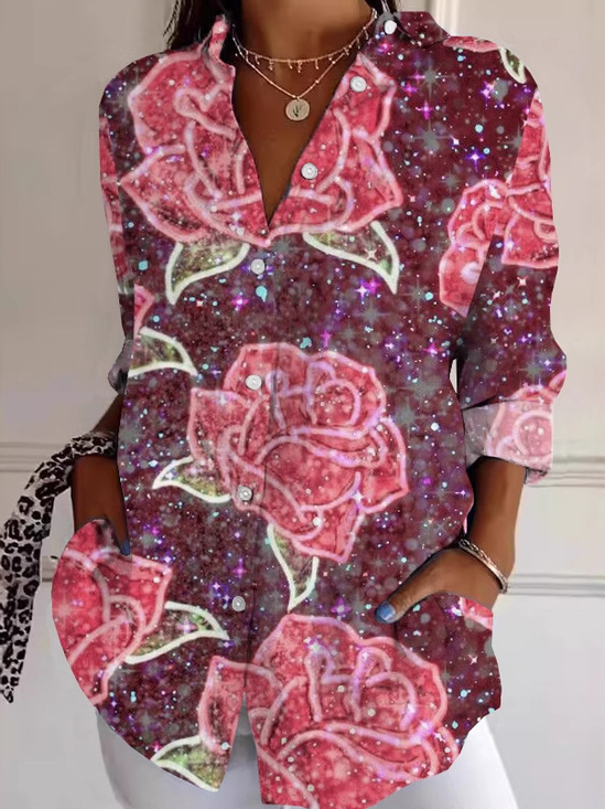 Chemises Femmes Floral Décontracté Printemps / Automne Polyester Ample Manches Longues Régulier Régulier Col de Chemise