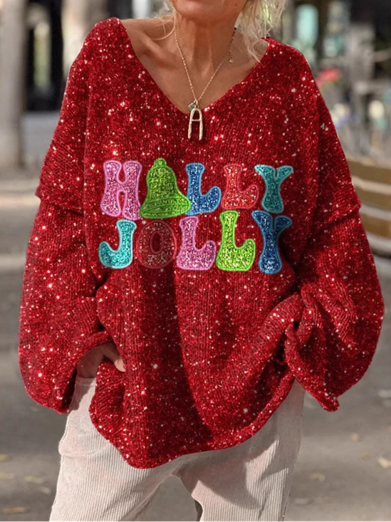 Sweat-shirts Femmes Décontracté Noël Printemps / Automne Col V Micro-élasticité Noël Manches Longues Mi-long Droit
