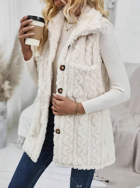 Micro-élasticité Encapuchonné Sans Manches en Toison Plain Gilet pour Femmes