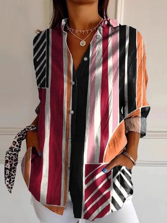 Chemises Géométrique Décontracté Printemps / Automne Ample Manches Longues Régulier Droit Régulier Col de Chemise pour Femmes