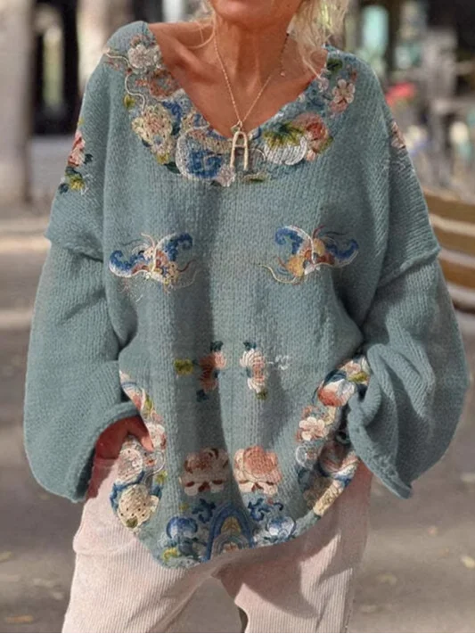 Sweat-shirts Femmes Décontracté Floral Printemps / Automne Polyester Col V Micro-élasticité Noël Manches Longues Mi-long