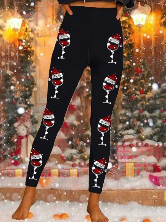 Pantalons De Yoga Femmes Décontracté Toutes Les Saisons Verre à Vin de Noël Naturel à Haute Élasticité Serré Jersey Long Droit