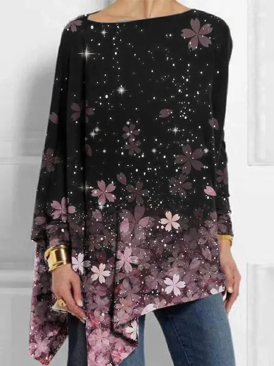 Chemisiers1 Femmes Décontracté Papillon Printemps / Automne Micro-élasticité Jersey Manches Longues Col Rond Droit Régulier