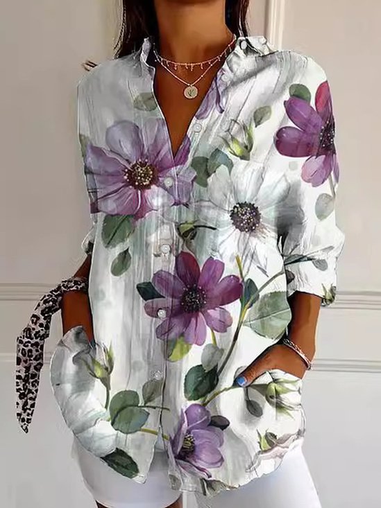 Chemises Femmes Décontracté Floral Printemps / Automne Aucune élasticité Quotidien Manches Longues Droit Régulier Col de Chemise
