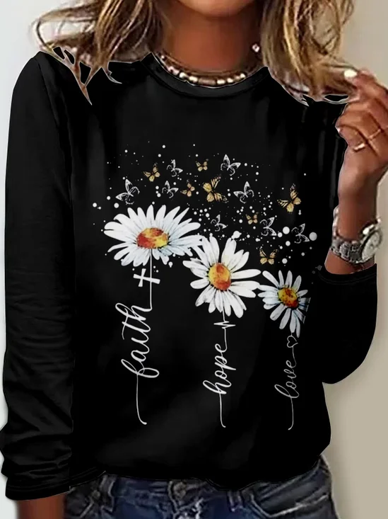 T-shirts Décontracté Floral Printemps / Automne Micro-élasticité Quotidien Col Rond Régulier Droit Régulier pour Femmes