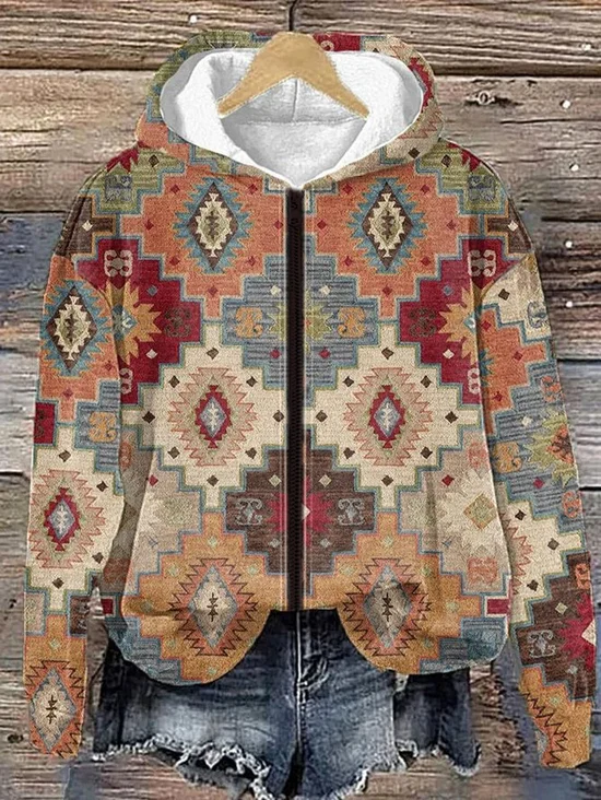 Micro-élasticité Sweat-shirt à Capuche Manches Longues Régulier Ethnique Blouson Zip pour Femmes