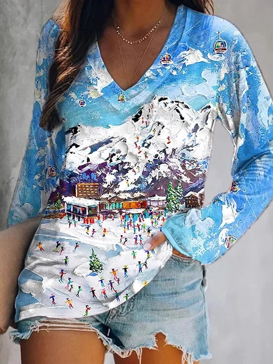 T-shirts Femmes Décontracté Printemps / Automne Noël Col V Quotidien Jersey Manches Longues Mi-long Régulier