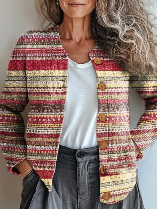 Cardigans Rayé Ethnique Hiver Poids lourd Quotidien Manches Longues Fil/fil de laine Mi-long Droit pour Femmes