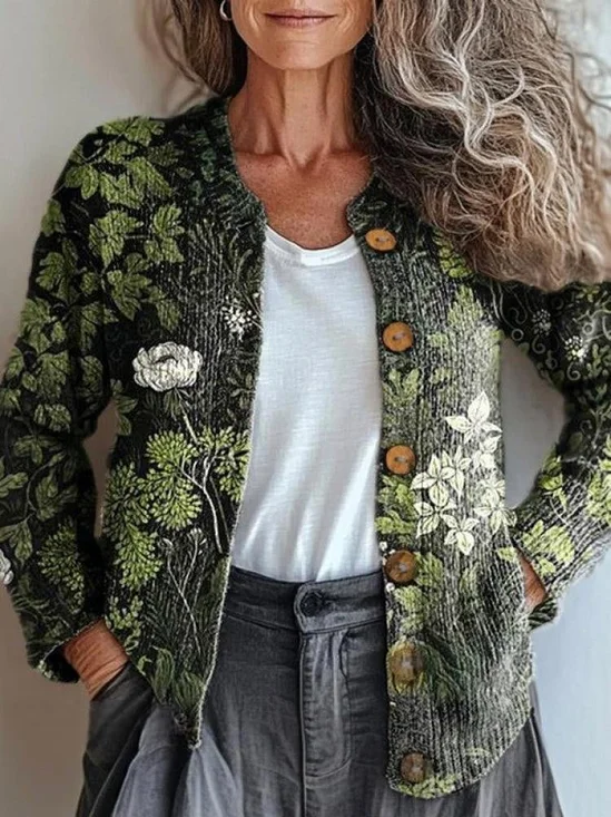 Cardigans Femmes Décontracté Ethnique Printemps / Automne Micro-élasticité Ample Manches Longues Col Rond Régulier Régulier