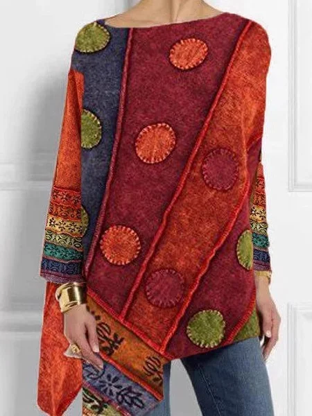 Chemisiers1 Décontracté Ethnique Printemps / Automne Micro-élasticité Quotidien Jersey Manches Longues Mi-long Droit pour Femmes