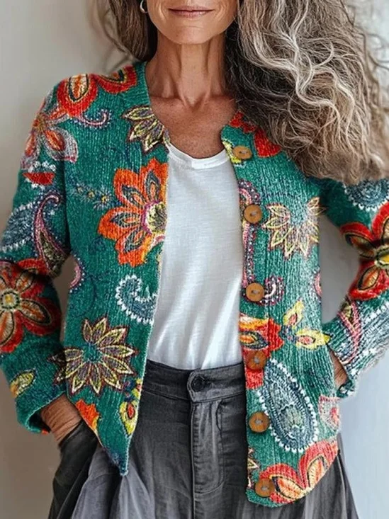 Cardigans Femmes Boho Ethnique Printemps / Automne Micro-élasticité Faire la navette Manches Longues Col Rond Régulier Droit