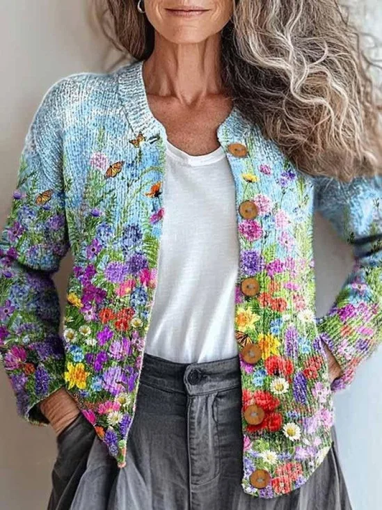 Cardigans Femmes Boho Ethnique Printemps / Automne Tricoté Faire la navette Ample Col Rond Droit Régulier