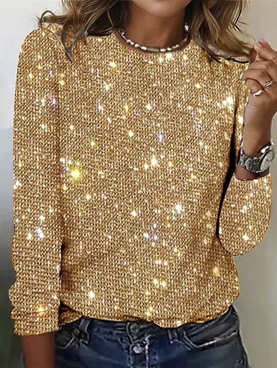 T-shirts Femmes Géométrique Décontracté Printemps / Automne Micro-élasticité Quotidien Manches Longues Col Rond Brillant Régulier