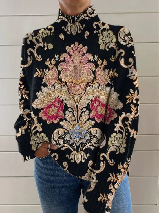 Sweat-shirts Décontracté Floral Printemps / Automne Polyester Micro-élasticité Quotidien Ample Col Roulé Régulier pour Femmes