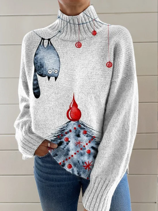 Sweat-shirts Femmes Décontracté Printemps / Automne Chat Micro-élasticité Quotidien Ample Manches Longues Col Roulé Régulier