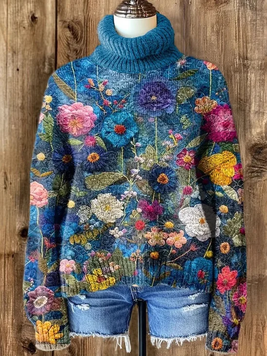Sweat-shirts Décontracté Floral Printemps / Automne Micro-élasticité Quotidien Ample Col Roulé Régulier Droit pour Femmes