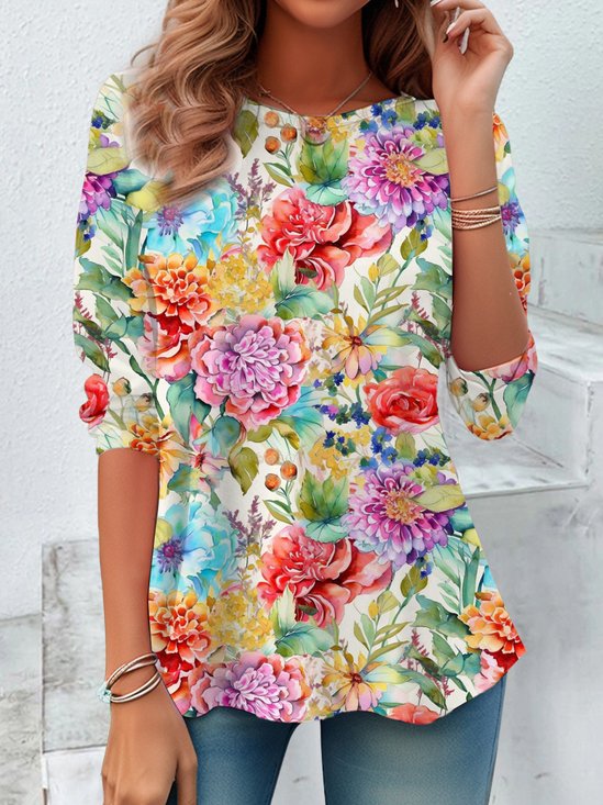 T-shirts Femmes Décontracté Floral Printemps / Automne Quotidien Ample Manches Longues Régulier Régulier Non