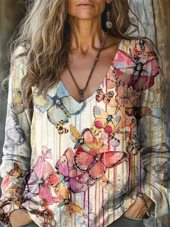 T-shirts Rayé Boho Printemps / Automne Polyester Col V Micro-élasticité Ample Régulier Régulier pour Femmes