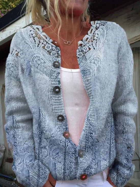 Cardigans Femmes Rétro impression en 3D Printemps / Automne Tricoté Micro-élasticité Ample Manches Longues Droit Régulier