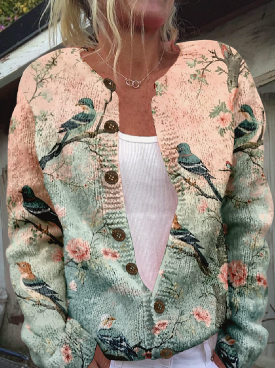 Cardigans Rétro Printemps / Automne impression en 3D Tricoté Micro-élasticité Quotidien Ample Col Rond Droit pour Femmes