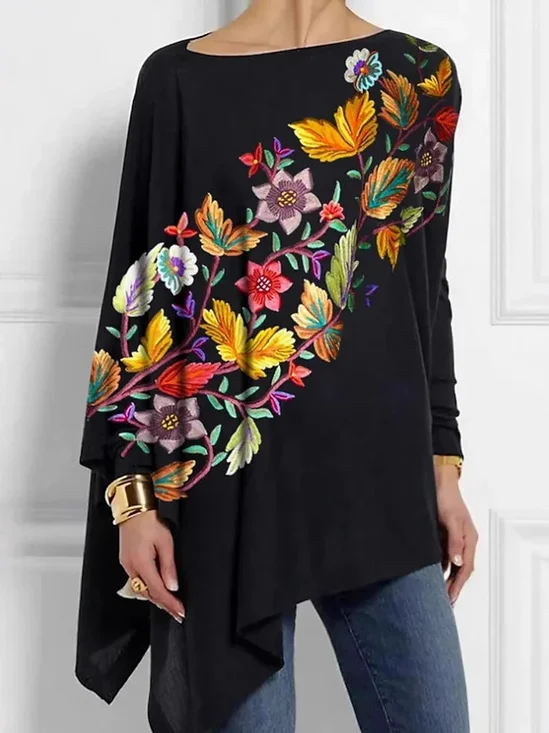 Chemisiers1 Femmes Décontracté Floral Printemps / Automne Quotidien Manches Longues Col Rond Mi-long Droit Régulier