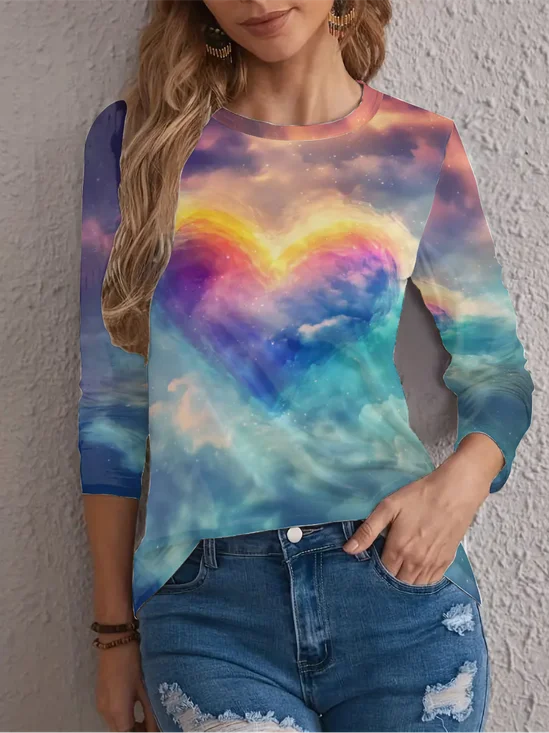 T-shirts Décontracté Printemps / Automne Coeur/cordé Quotidien Ample Jersey Manches Longues Droit Régulier pour Femmes