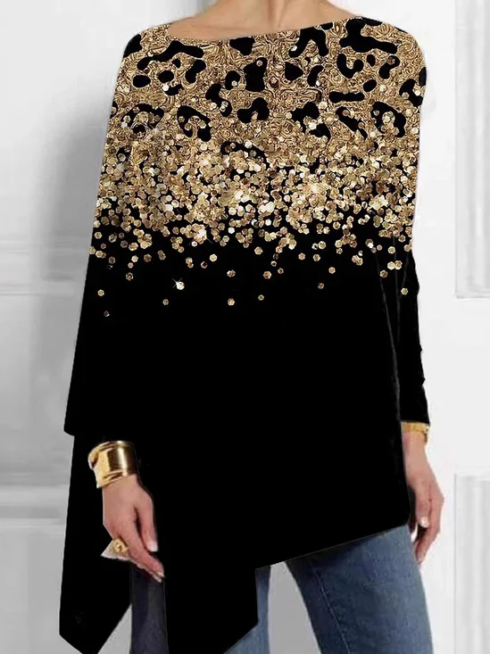 Chemisiers1 Décontracté Bloc de Couleur Printemps / Automne Quotidien Ample Jersey Manches Longues Mi-long Régulier pour Femmes
