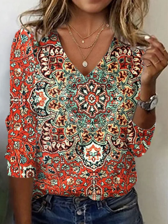 T-shirts Décontracté Ethnique Printemps / Automne Aucune élasticité Coupe Régulière Manches Longues Régulier Droit T.-N.-L. pour Femmes