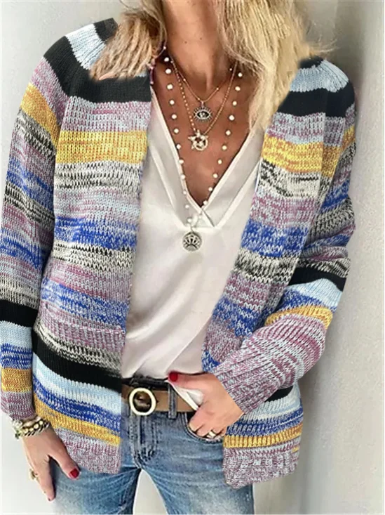 Cardigans Décontracté Printemps / Automne Multicolore Bloc Quotidien Ample Manches Longues Fil/fil de laine Droit Régulier pour Femmes