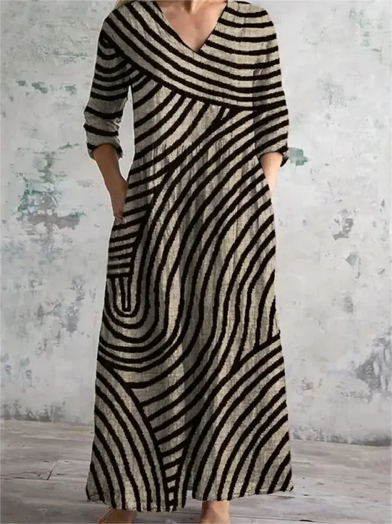 Femmes Rayé Noir Col V Confortable Robe Maxi Rétro