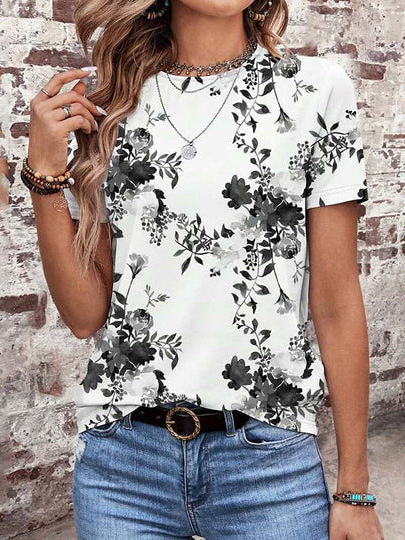 T-shirts Décontracté Floral Été Ample Jersey Manches Courtes Col Rond Régulier Régulier pour Femmes