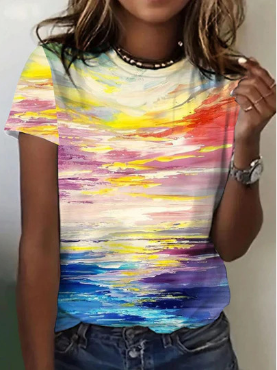 T-shirts Décontracté Bloc de Couleur Été Micro-élasticité Quotidien Ample Jersey Manches Courtes Régulier pour Femmes