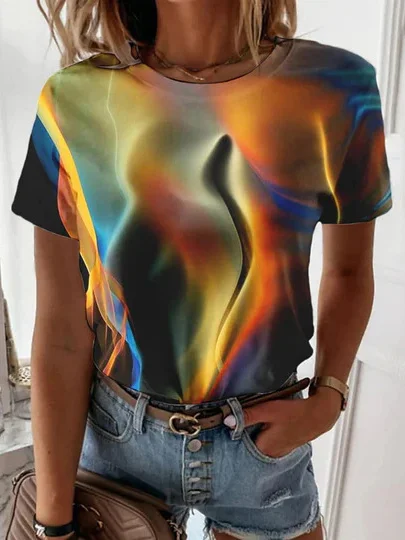 T-shirts Femmes Décontracté Bloc de Couleur Été Micro-élasticité Ample Jersey Col Rond Régulier Droit