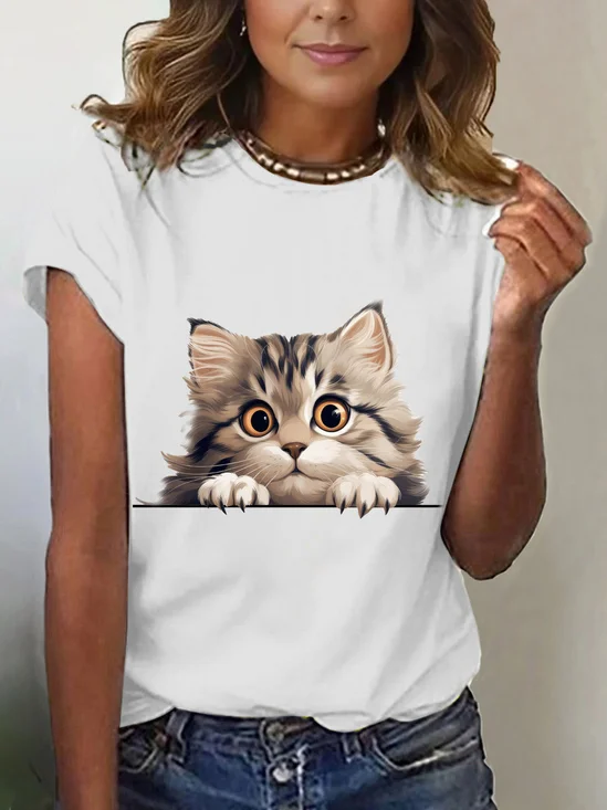 T-shirts Décontracté Été Chat Manches Courtes en Mélangé de Coton Droit Régulier Élasticité moyenne Textures tendance pour Femmes