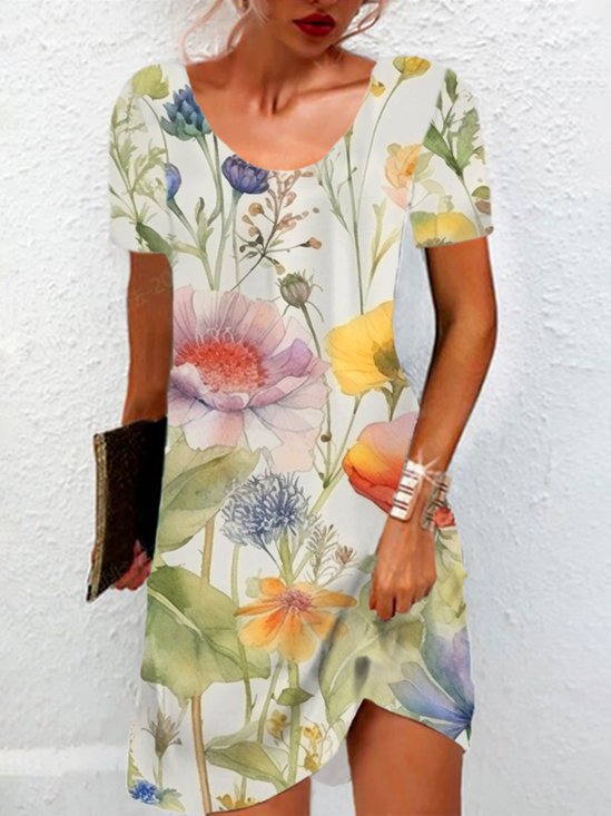 Femmes Floral Blanc Col Rond Confortable Mini Robe Décontracté