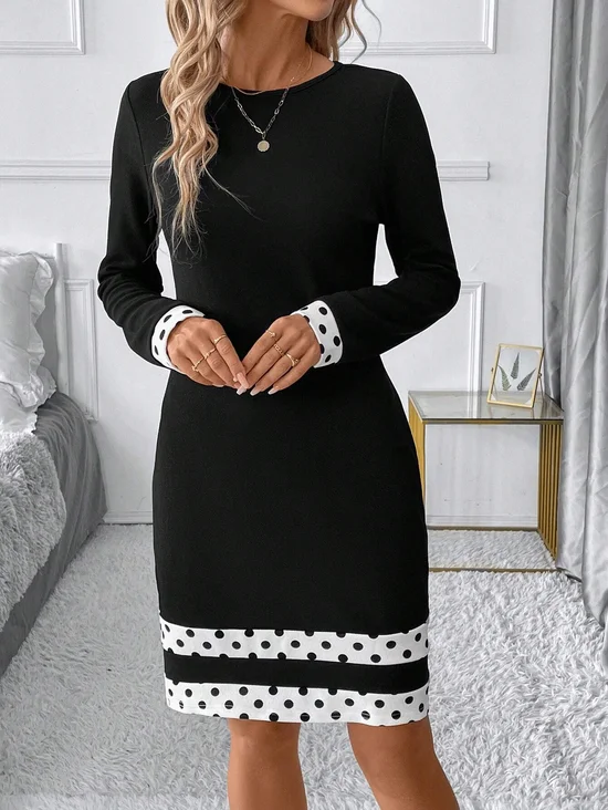 Femmes Multicolore Bloc Noir Col Rond Confortable Mini Robe Rétro