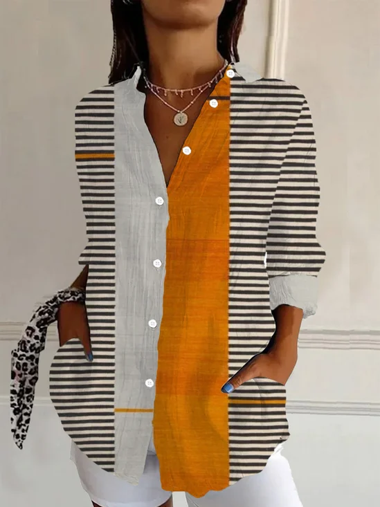 Chemises Rayé Décontracté Printemps / Automne Polyester Ample Manches Longues Régulier Col de Chemise T.-N.-L. pour Femmes