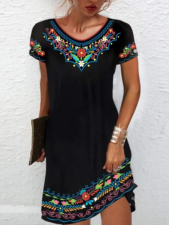 Femmes Ethnique Bleu Col Rond Confortable Mini Robe Décontracté