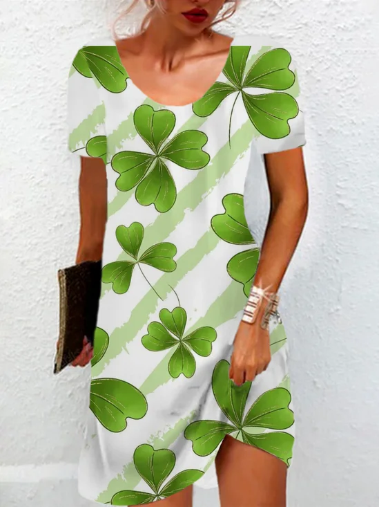 Femmes trèfle à quatre feuilles Vert Col Rond Confortable Mini Robe Décontracté