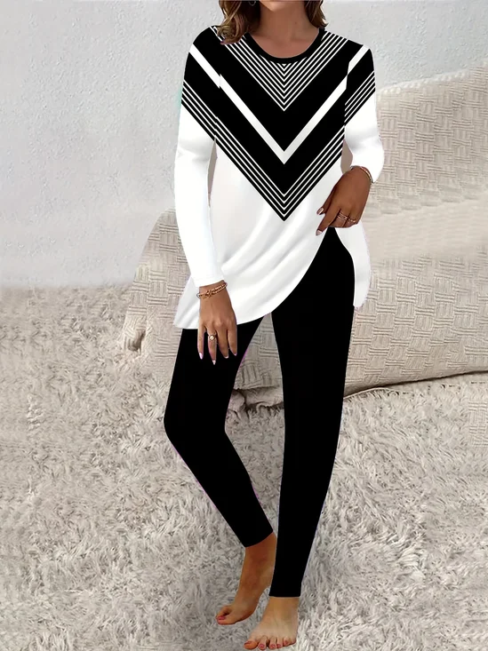 Deux Pièces Ensembles Géométrique Décontracté Printemps / Automne Naturel Aucune élasticité Jersey Manches Longues Top Avec Pantalons Régulier pour Femmes